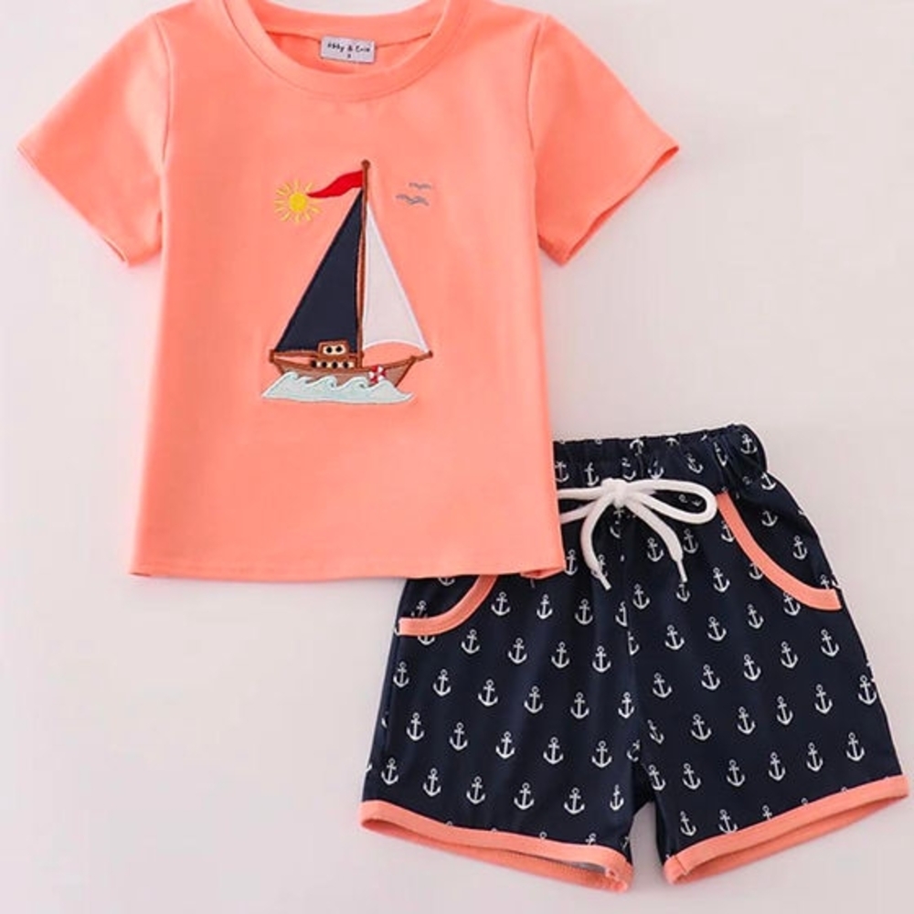 Kids Sailboat Matching Set - Coral and Navy